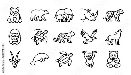 Canvas Print Cute Cartoon Animal Icons Set: Panda, Bear, Elephant, Rhino, Tiger, Gorilla, Tur