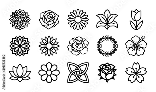 Floral Icons Set, Vector Flower Graphics, Botanical Line Art Elements, Decorative Bloom Symbols