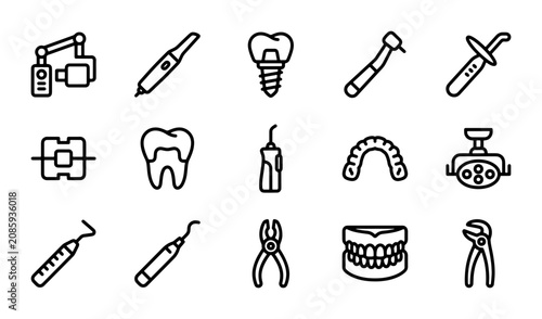 Foto Dental Icons Set, Oral Care Tools, Tooth Health Symbols, Dentistry Equipment Vec