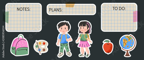 Back to school paper memo stickers set with backpack, globe and kids. To do and plans list for children