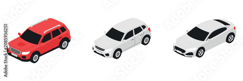 Three cars displayed in isometric arrangement on white background
