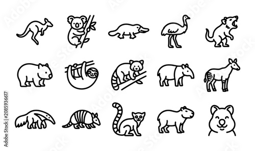 Photos Australian Wildlife Icons, Cute Vector Animals Set: Kangaroo, Koala, Wombat, Emu