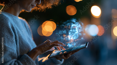 Faceless woman analyzing data on a tablet with a glowing lock hologram and software overlay at night vivid neon depth cyber security coding data privacy networking with copy