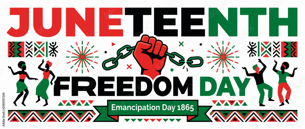 Obraz premium Juneteenth Freedom Day banner with raised fist and broken chain. Flat design vector illustration