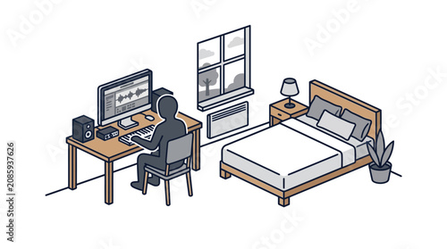 Minimalist isometric bedroom studio for music production and editing