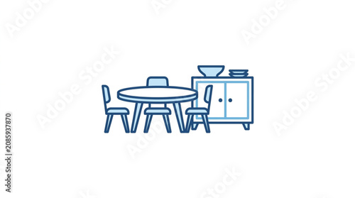 Tableau sur toile Round dining table with chairs and sideboard illustration.