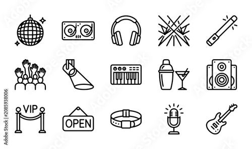 Obraz na plátně Nightclub Icons, Music Party Symbols, DJ Equipment & Entertainment Vector Set