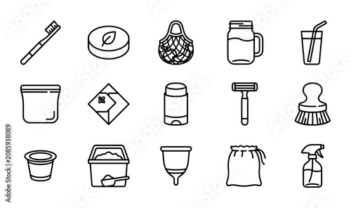 Eco-Friendly Zero Waste Icons Set, Sustainable Lifestyle Line Art Collection, Reusable Household Essentials