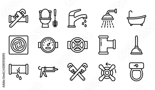 Plumbing Icons Set, Bathroom Fixtures, Tools, Water Supply, Repair Vector Graphics