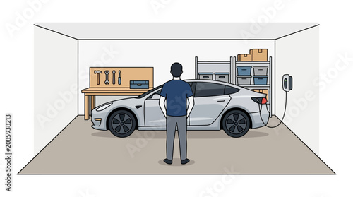 Man in garage standing next to charging electric vehicle