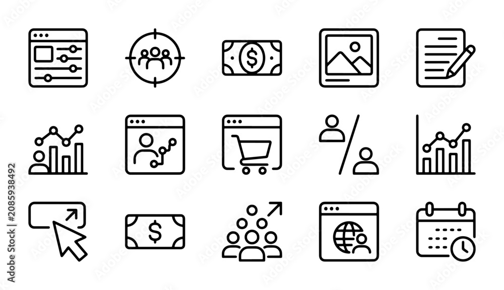 Fototapeta premium Business Icons Set: Marketing, Finance, Analytics, Strategy, E-commerce, People, Calendar