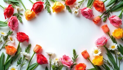 Assorted roses, daisies arranged in floral border against white background. Vibrant colors include red, pink, orange, yellow. Composition creates elegant frame for text design elements. Springtime
