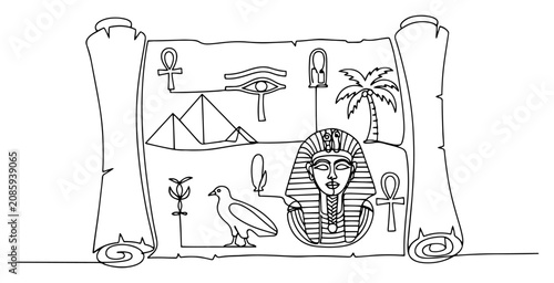 Photography Ancient Egyptian papyrus scroll with pharaoh and pyramids in continuous line art