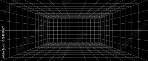 Grid box perspective 3d perspective digital background in black simple line style. Cyberspace wireframe laser mesh virtual reality metaverse abstract. VR game bg. Vector illustration