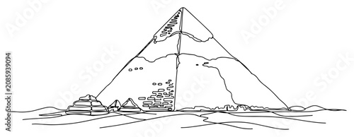 Great Pyramid of Giza and ancient Egyptian landmarks in desert in continuous line art style