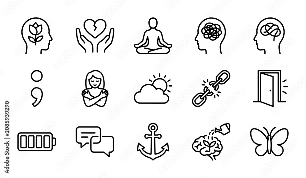 Fototapeta premium Mental Health Icons: Wellness, Therapy, Emotions, Brain, Growth, Self-Care, Support, 15 Vector Elements