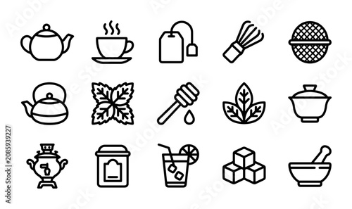Fotografía 15 Tea Icons, Hot Beverage & Drink Elements, Herbal Infusion & Cafe Symbols