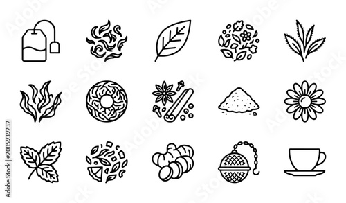 Foto Tea Icons Set, Herbal Infusion Graphics, Beverage Elements, Black and White Vect