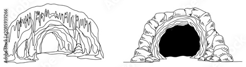 Cave entrance with stalactites and rock opening in continuous line art style