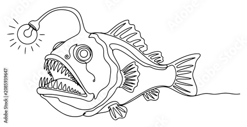 Foto Anglerfish with glowing lure from deep sea in minimalist continuous line art sty