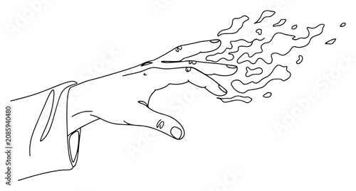Foto Human hand with fingertips dissolving into small particles in continuous line ar