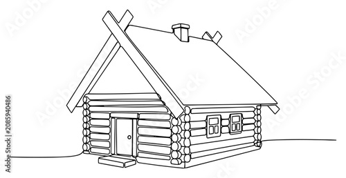 Canvastavla Traditional wooden log cabin house in rural architecture in continuous line art