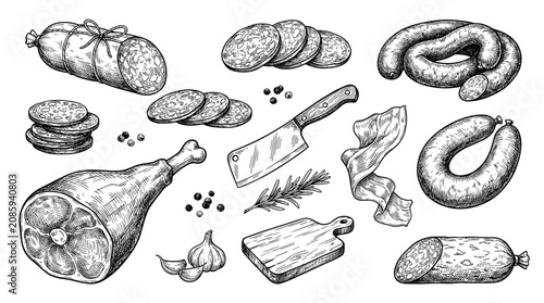 Hand drawn black ink sketch of salami roll and meat slice, isolated on white background for butcher shop