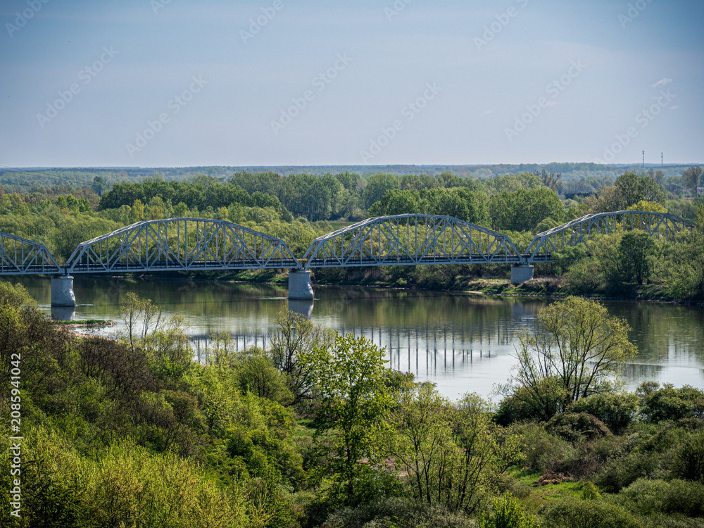 Fototapeta premium Steel railway bridge over river with surrounding green forest landscape