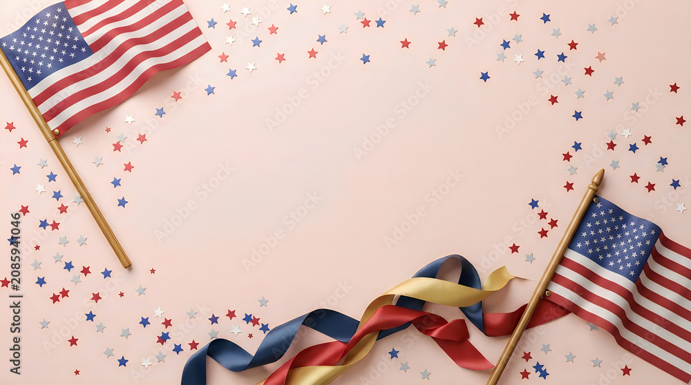 Obraz premium Labor day patriotic backdrop american flags ribbons and stars on pink holiday concept