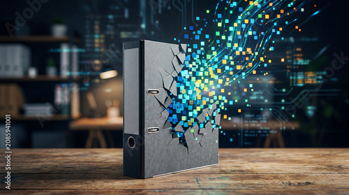 Traditional office folder exploding into colorful digital cubes and data pixels representing cloud data migration and automation