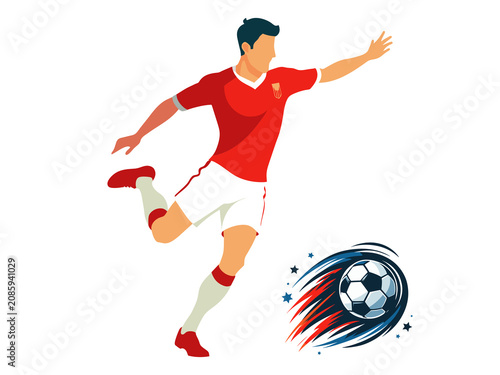 Soccer Player Kicking Ball Flat Illustration, Football Striker Action Graphic, Vector Sports Athlete Logo
