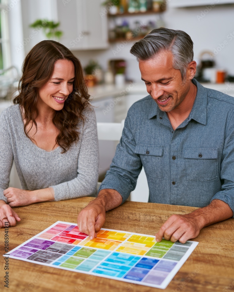 Fototapeta premium Couple reviewing colorful benefits checklist at kitchen table