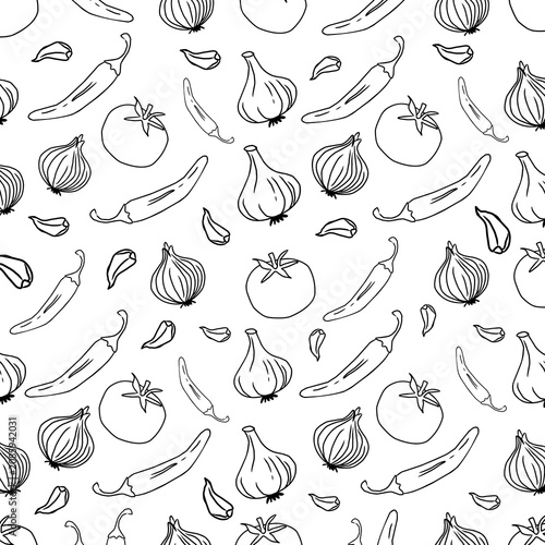 Fényképezés Chili garlic and onion seamless pattern