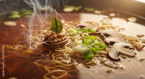Flavorful noodle soup with mushrooms, green onions, and a walnut garnish
