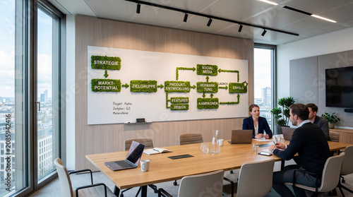Sustainable business strategy and corporate planning concept with green moss flowchart on a whiteboard in a modern office meeting room