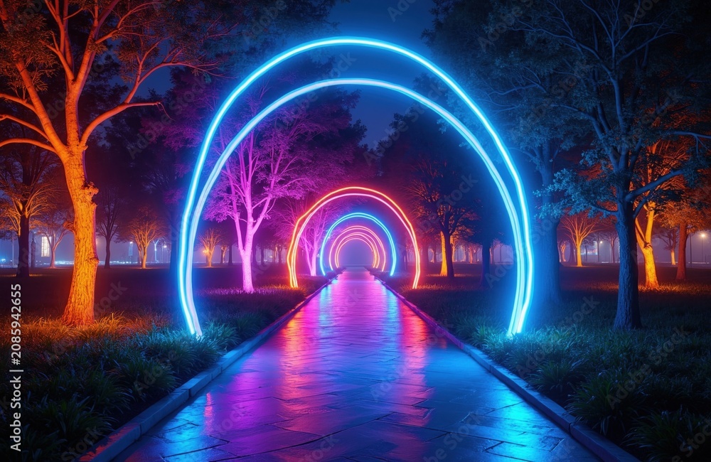 Fototapeta premium Night park pathway lined with colorful neon arches. Glowing rings create tunnel effect. Trees, grass, wet path reflect vibrant lights. Futuristic, dreamlike ambience.