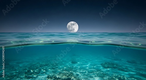Tranquil full moon over turquoise ocean split view with underwater coral reef morning light serenity scenery