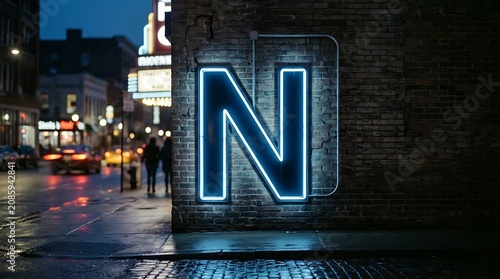 Glowing Blue Neon Letter N Sign on a Brick Wall in an Urban City Street at Night