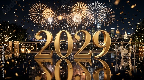 Golden 3D numbers for New Year 2029 celebration fireworks display over city skyline with champagne