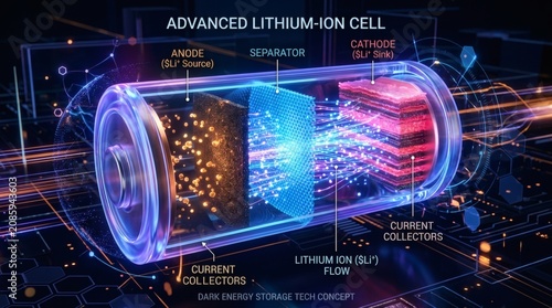Detailed cross-section of an advanced lithium ion battery cell showing internal components and ion flow