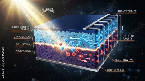 Diagram illustrating the photovoltaic effect in a solar cell with sunlight hitting silicon layers
