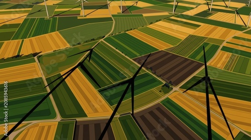Aerial view of wind turbines generating clean energy over agricultural fields