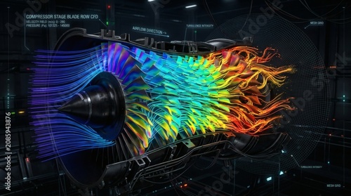 Jet engine turbine blades with colorful airflow simulation and turbulence visualization