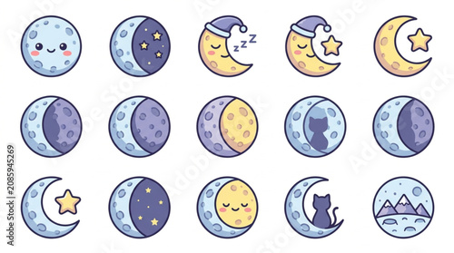 Fotografi Cute Moon Phases Collection Kawaii Style Celestial Bodies.