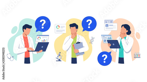 Quadro su tela Medical Professionals Pondering with Question Marks and Data Graphics