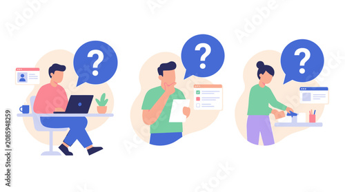 Foto People with question marks above heads, confusion, uncertainty, decision making,