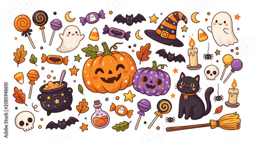 Cute Halloween Elements Collection Featuring Pumpkins Ghosts Black Cat Witch Hat Candies and Spiders