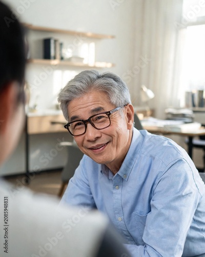 Close-up of a friendly senior Asian professor or teacher with grey hair and glasses, smiling while talking to a student in a warm classroom office.