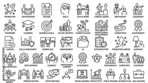 Business icons depict various office tasks and career growth in a professional setting with people.