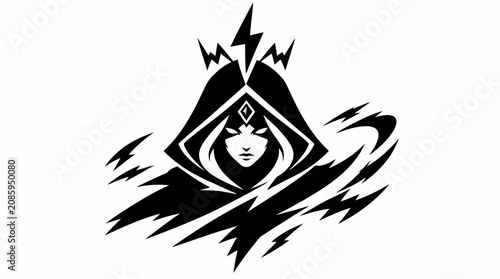 Bild auf Leinwand Stylized hooded mage silhouette with energy shards.